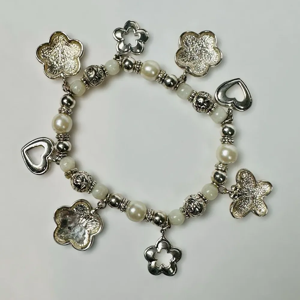 VTG Bracelet Charms Hope Dream Heart‎ Flower 6.5 Glass Faux Pearls Beads Stretch